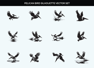 Black Silhouette of Pelican Bird - Editable Vector on Transparent Background