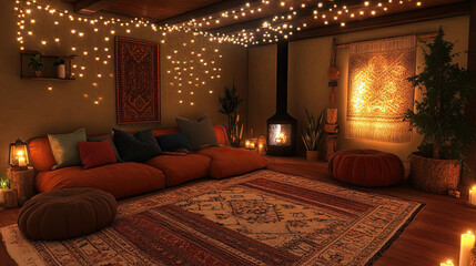 Obraz premium Cozy, warmly lit living space with cushions, a rug, and a fireplace for relaxation.
