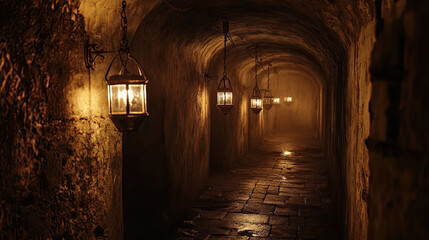 Obraz premium Dimly lit underground passage with lanterns illuminating the stone walls.