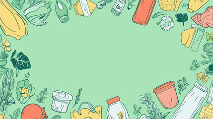 "No plastic, go green, and zero waste concepts featuring linear icons. Emphasizes reduce, reuse, refuse, recycle, and rot principles for an ecological lifestyle and sustainable development. 