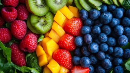 Obraz premium A colorful and delicious fruit plate featuring fresh raspberries, strawberries, kiwi, mango and blueberries. Perfect for a healthy snack or breakfast.