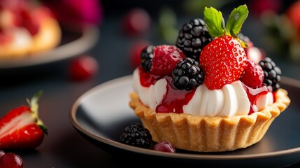 A delightful mini pie topped with fresh strawberries, raspberries, and blackberries, drizzled with a sweet red glaze.  Perfect for a sweet treat or a special occasion.