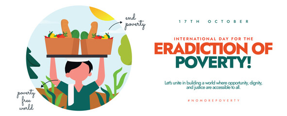International Day for the Eradication of poverty. 17th October eradication of poverty day conceptual cover banner with a young boy holding food carton boxes on his head. The day highlight poor needs.