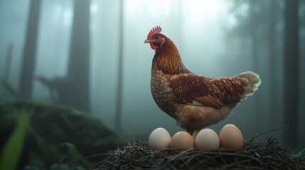A hen sits protectively on a nest of eggs in a misty forest, symbolizing motherhood, new beginnings, and the fragility of life.
