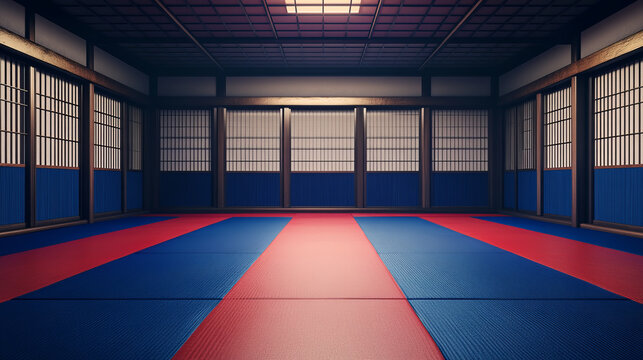 "Traditional blue and red tatami mats in a martial arts hall, serving as a background for text."