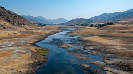 Rapidly Drying Up Drought Stricken Landscape with Parched Lake and River Beds