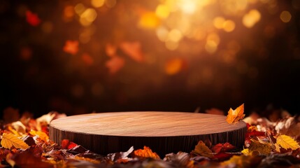A rustic wooden podium sits atop a bed of fallen autumn leaves, bathed in warm sunlight.  The scene evokes a sense of cozy warmth, nature's bounty, and the transition into cooler months.