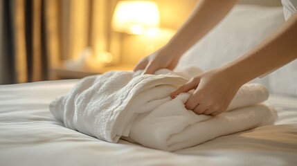 A housekeeper places fresh, clean towels on the bed in a hotel guest room. The housekeeper's hand gently touches the soft terry towels after cleaning the room. 
