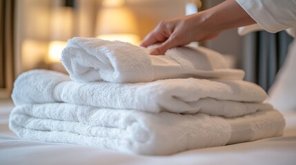 A housekeeper places fresh, clean towels on the bed in a hotel guest room. The housekeeper's hand gently touches the soft terry towels after cleaning the room. 