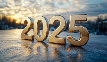 2025 golden symbol bold letters 3d-illustration.
