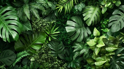 A vibrant and lush green jungle backdrop featuring a variety of tropical plants, including monstera, ferns, and palm leaves. This high-resolution image is perfect for creating a natural and inviting a