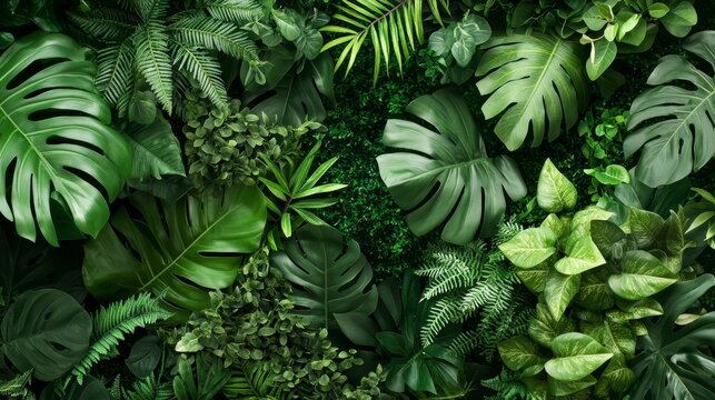 A vibrant and lush green jungle backdrop featuring a variety of tropical plants, including monstera, ferns, and palm leaves. This high-resolution image is perfect for creating a natural and inviting a