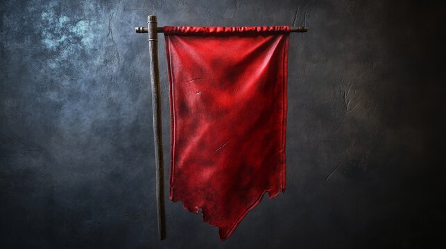 A weathered red medieval flag hangs vertically on a blank wall, symbolizing history, tradition, power, and a blank canvas for new beginnings.