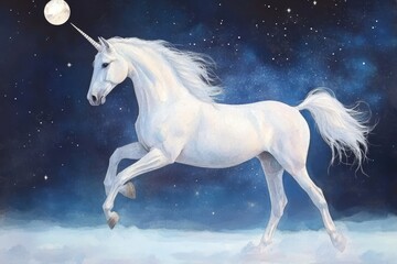 Naklejka premium Charming Bohemian Unicorn Watercolor Art in Azure Night Sky with a full moon, stars, clouds, and a mystical unicorn representing magic, dreams, fantasy, and beauty.
