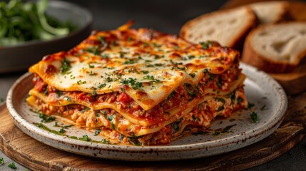 A mouthwatering lasagna, layered with rich cheese and fresh herbs, served with crusty bread for an unforgettable meal