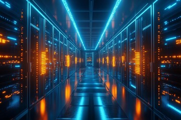 Futuristic server room with blue and orange neon lights illuminating the racks and the corridor. The image conveys concepts of technology, data storage, networking, and the future of computing.