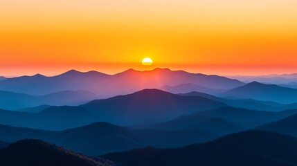 Golden Hour Sunrise Over Majestic Mountains, a breathtaking panorama of a vibrant orange sunrise illuminating the rolling hills, symbolizing the beauty of nature, new beginnings, hope, and a sense of 