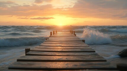 Fototapeta premium Beach sunset with wooden bridge stretching across picture
