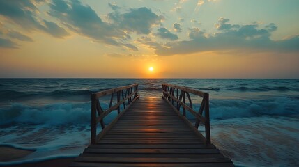 Obraz premium Small wooden bridge spanning over the beach sunset image