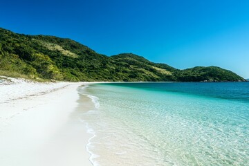 Serene White Sand Beach and Crystal Clear Waters, a picturesque tropical paradise with lush greenery, white sand, and turquoise waters, perfect for relaxation and adventure.