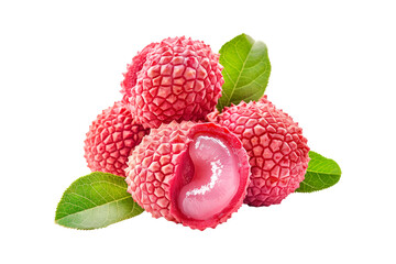 Naklejka premium Closeup of fresh lychee fruit with vibrant green leaves isolated on a white background. Concept of tropical fruits and healthy eating