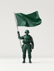 Fototapeta premium A 3D of a soldier holding a flag high, symbolizing bravery, patriotism, national pride, remembrance, and honor. The soldier is a representation of those who serve and protect their country, and the f