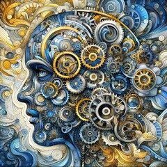 Digital art piece depicting a stylized face with intricate patterns and mechanical elements resembling a futuristic circuit board