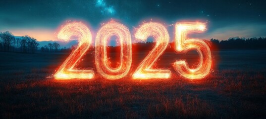 glowing number 2025 in sky, surrounded by a field of grass