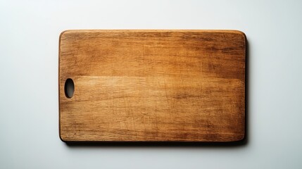 A wooden cutting board lies alone on a plain white backdrop, its smooth surface and rich brown hue contrasting sharply against the stark surroundings. The board's rectangular shape