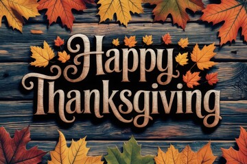 Happy Thanksgiving script with pumpkins and leaves over dark wooden background
