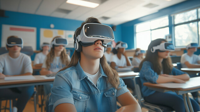 High school students wearing vr headsets and experiencing virtual reality during a lesson