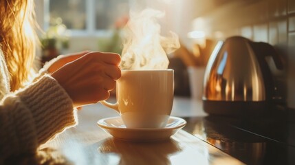A cozy morning ritual of holding a steaming coffee cup in a modern kitchen