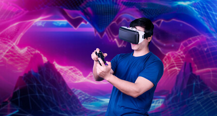 Professional gamer wearing VR headset while holding joystick at pink and purple gradient...