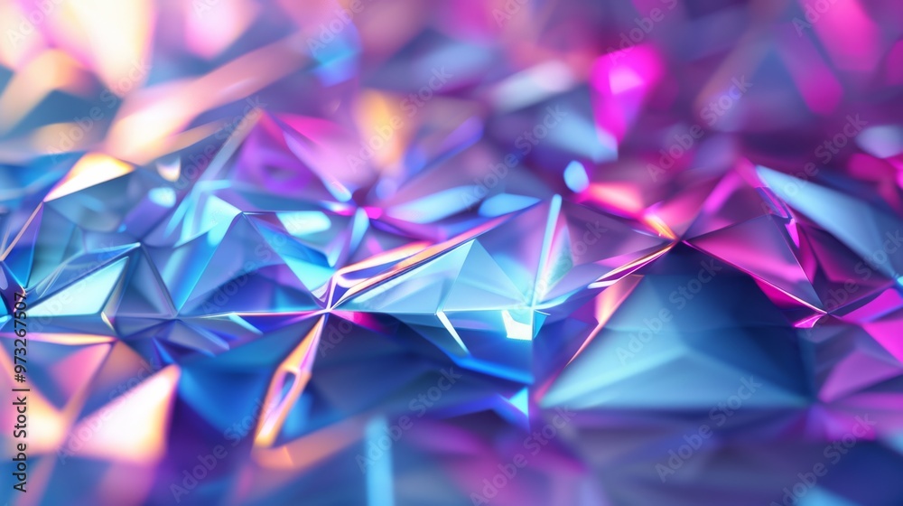 Poster geometric holographic shapes creating a dynamic, abstract pattern with a gradient of blues and purpl