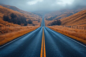 An open road stretching into the horizon flanked by natural scenery