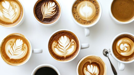 Coffee cups arranged in various sizes showcasing art patterns on a table from a top view