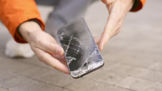Crash smartphone on pavement and man picks it up holding a with a broken screen smartphone in his hand, Super slow motion footage 4K