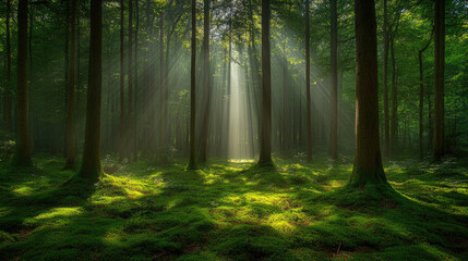 Sunlight streaming through trees in a green forest