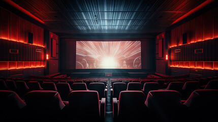 Cinema theater with movie scene on wide screen and empty chairs in the cinema hall