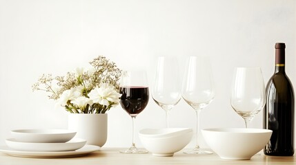 A beautifully arranged dining table with elegant tableware and fine wine, set against a light solid color background