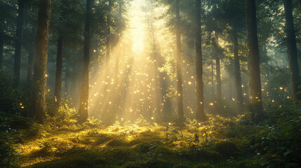 Naklejka premium Sunlight streaming through trees in a green forest