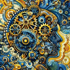 Obraz premium Digital art piece depicting a stylized face with intricate patterns and mechanical elements resembling a futuristic circuit board