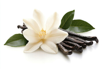 Vanilla flower and pods with green leaves isolated on a white background.