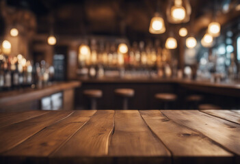 Empty wooden table rustic and blurred background of bar or pub For product display High quality phot
