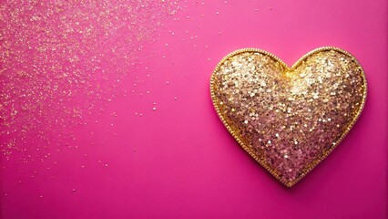 Close-up image of gold sequins heart on pink background