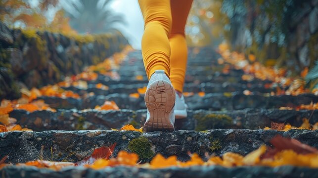 A close-up view of fitness shoes ascending wet steps covered in autumn leaves, representing the determination and challenges faced during seasonal outdoor workouts.