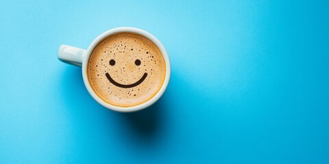 Bright coffee cup with smiley face on blue background for a cheerful morning vibe