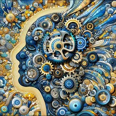 Digital art piece depicting a stylized face with intricate patterns and mechanical elements resembling a futuristic circuit board