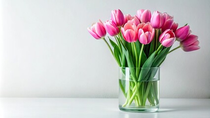 Close-Up image of pink tulip bouquet in glass vase with hydrogel on white background