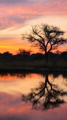Obraz premium A serene sunset over a waterhole in Kruger National Park, reflecting hues of orange and pink on the surface